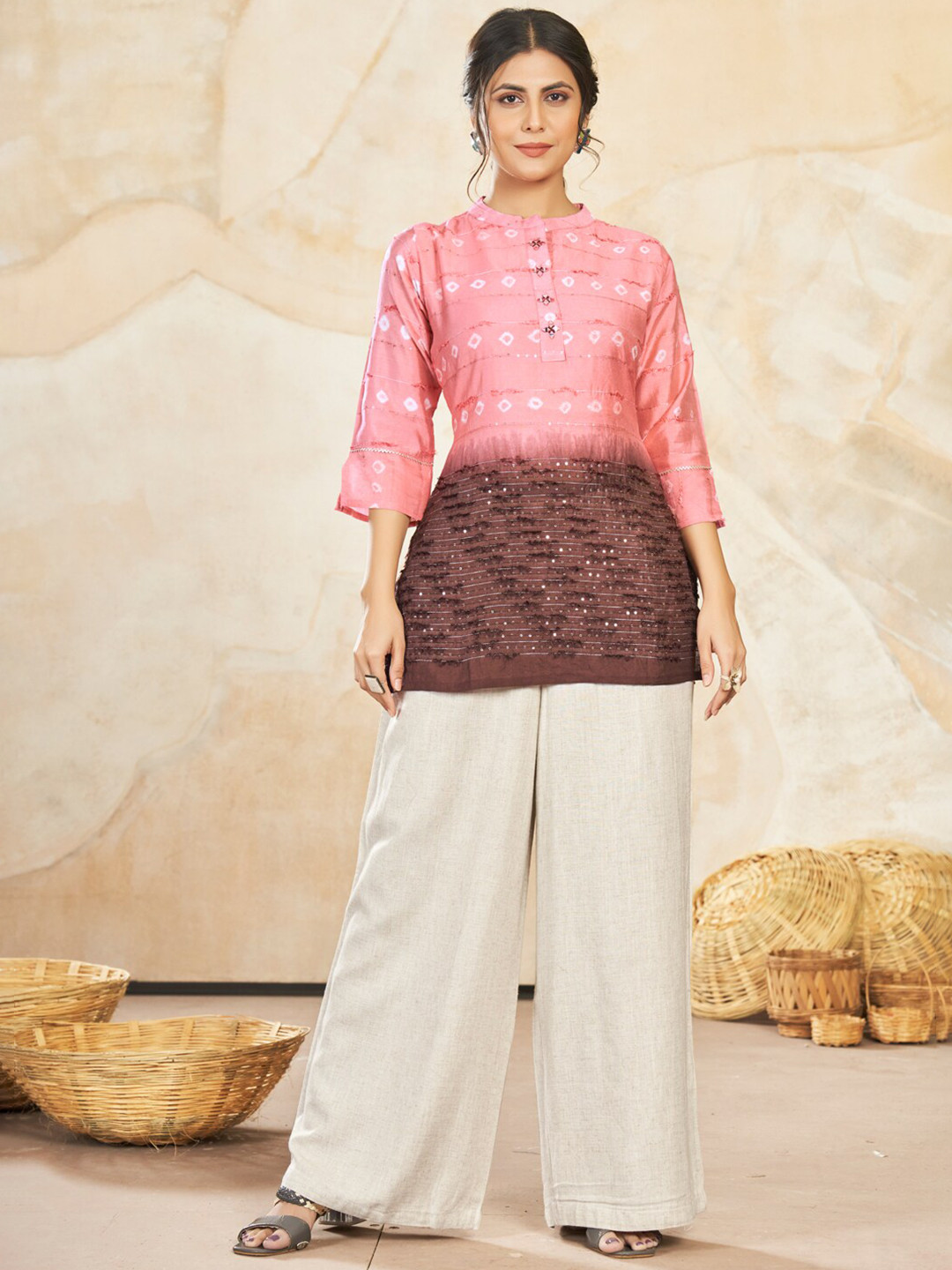 

STYLE SAMSARA Sequinned Pure Silk Sequinned Kurti, Brown