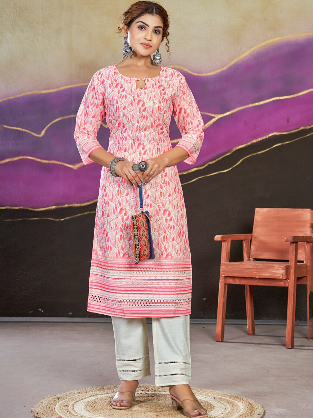 

STYLE SAMSARA Floral Printed Pure Cotton Straight Cotton Kurta, Pink