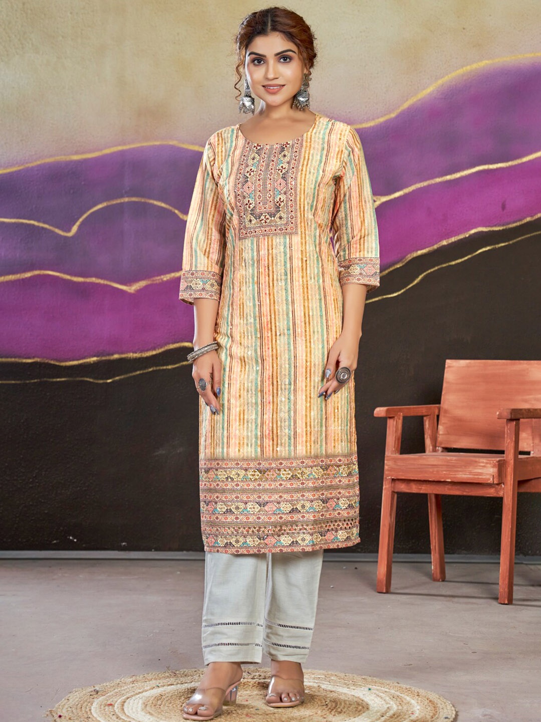 

STYLE SAMSARA Striped Thread Work Pure Cotton Straight Kurta, Yellow