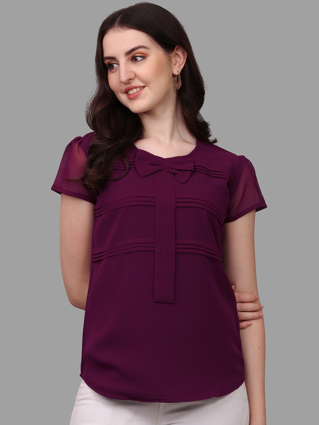 

Kinjo Short Sleeves Georgette Bow Top, Purple