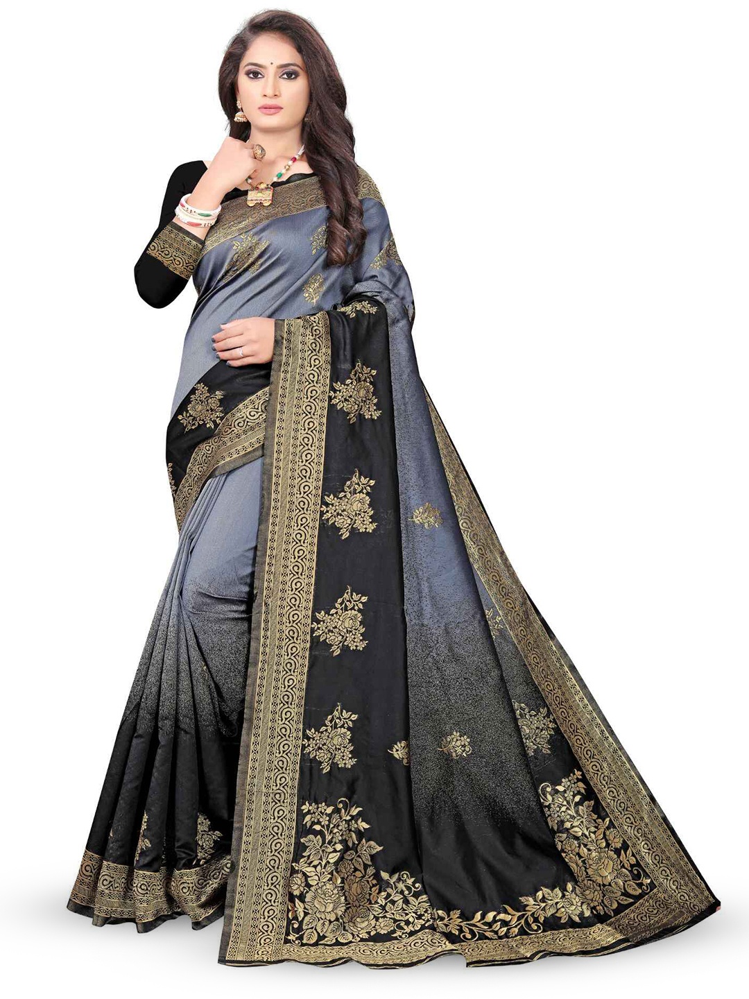 

NENCY FASHION Woven Design Zari Banarasi Saree, Grey