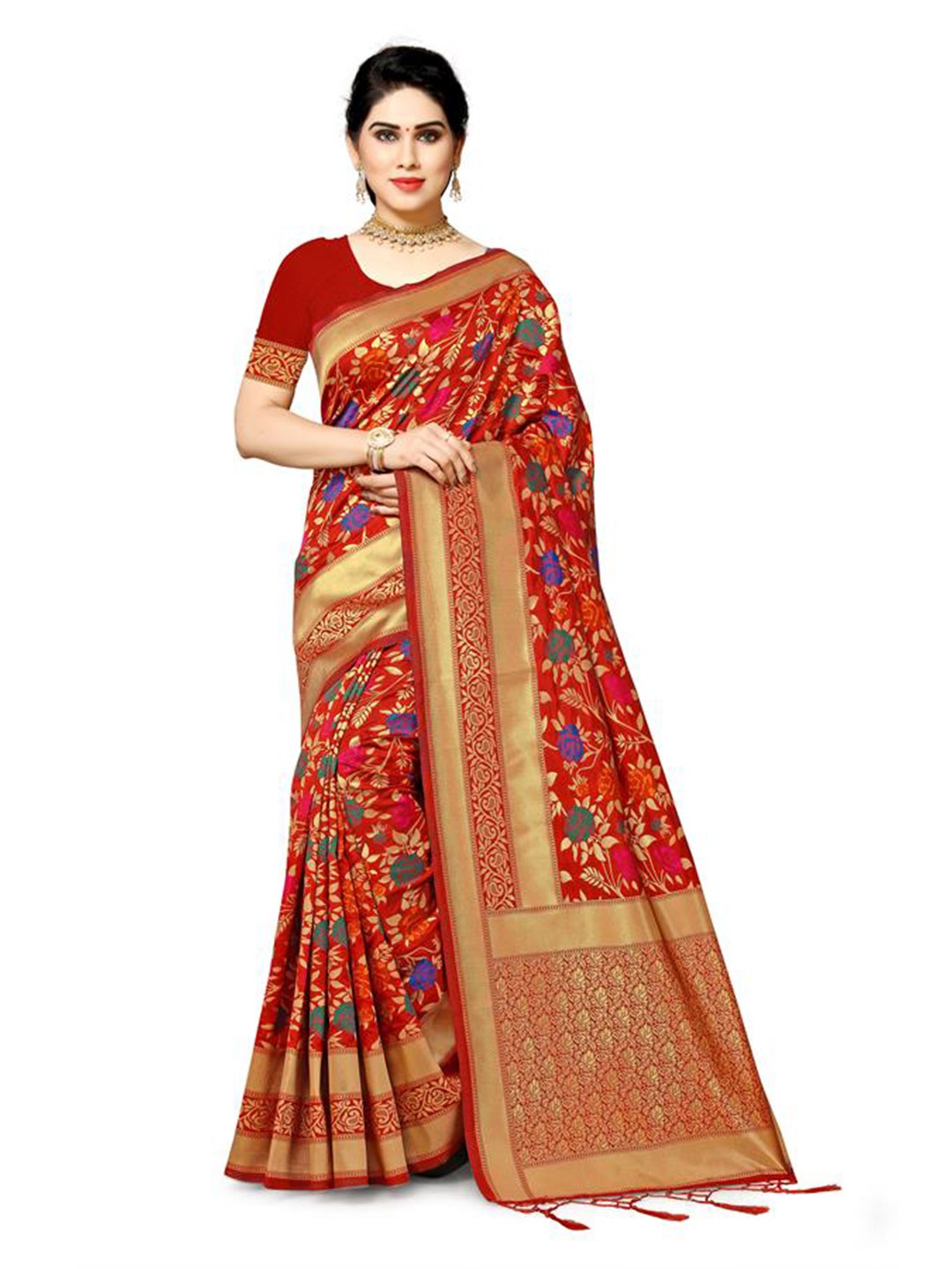 

NENCY FASHION Woven Design Zari Banarasi Saree, Red