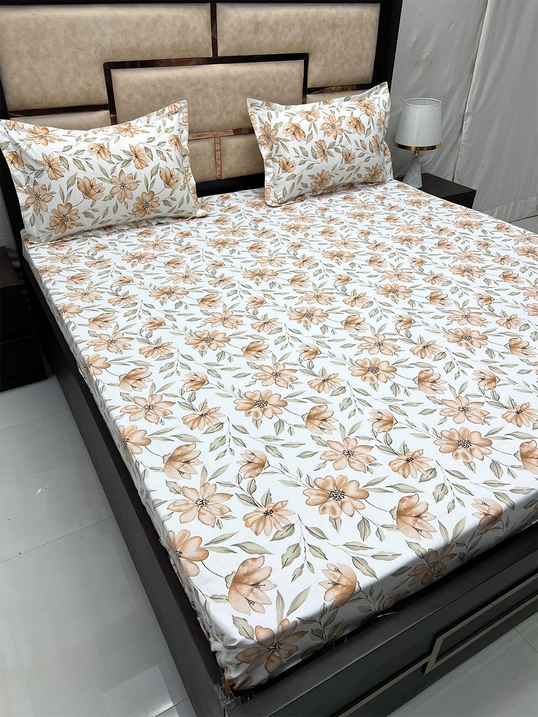 

Pure Decor White & Brown Floral Cotton 300 TC Queen Bedsheet with 2 Pillow Covers
