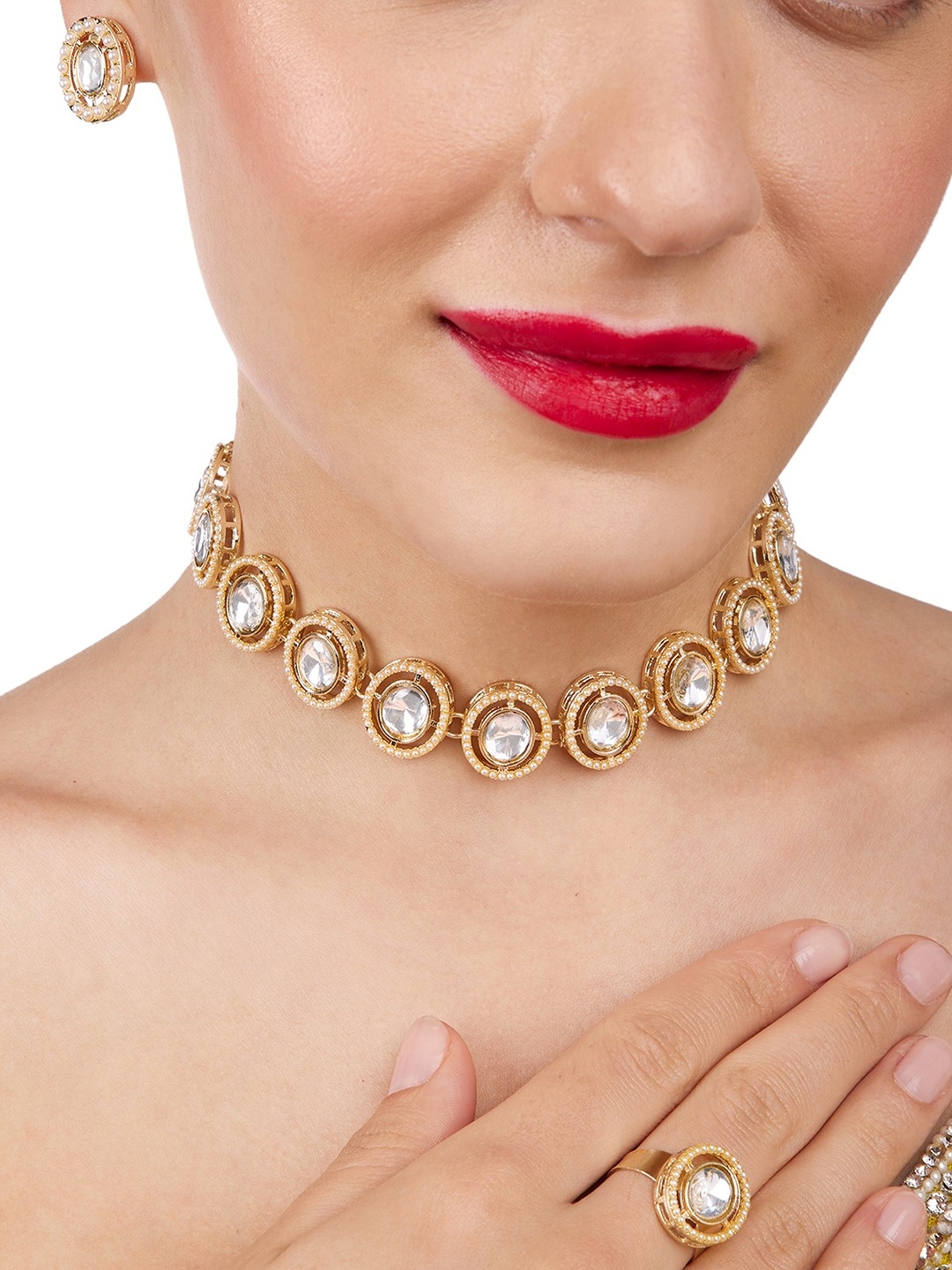 

Zaveri Pearls Gold Plated Kundan-Studded Necklace And Earrings With Finger Ring