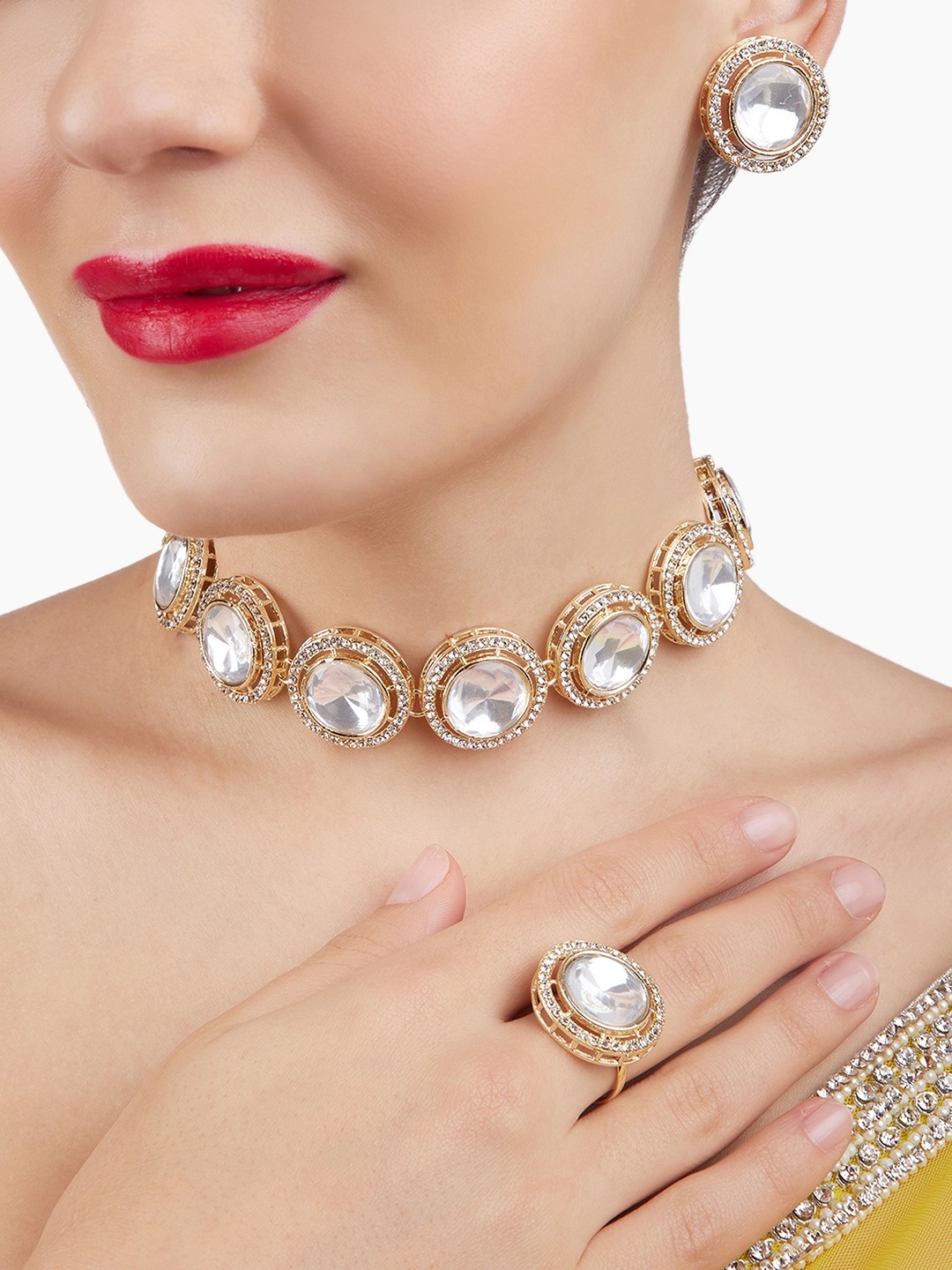 

Zaveri Pearls Gold-Plated Stones Studded Choker Necklace With Earrings & Finger Ring