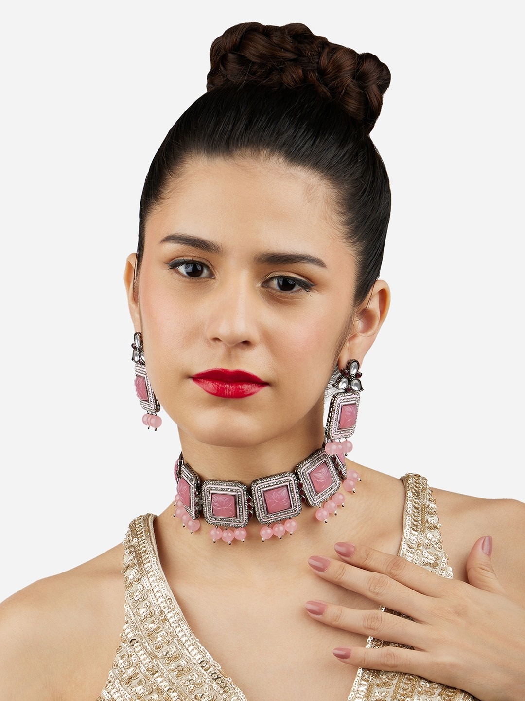 

Zaveri Pearls Silver-Plated Stone Studded Jewellery Set, Pink