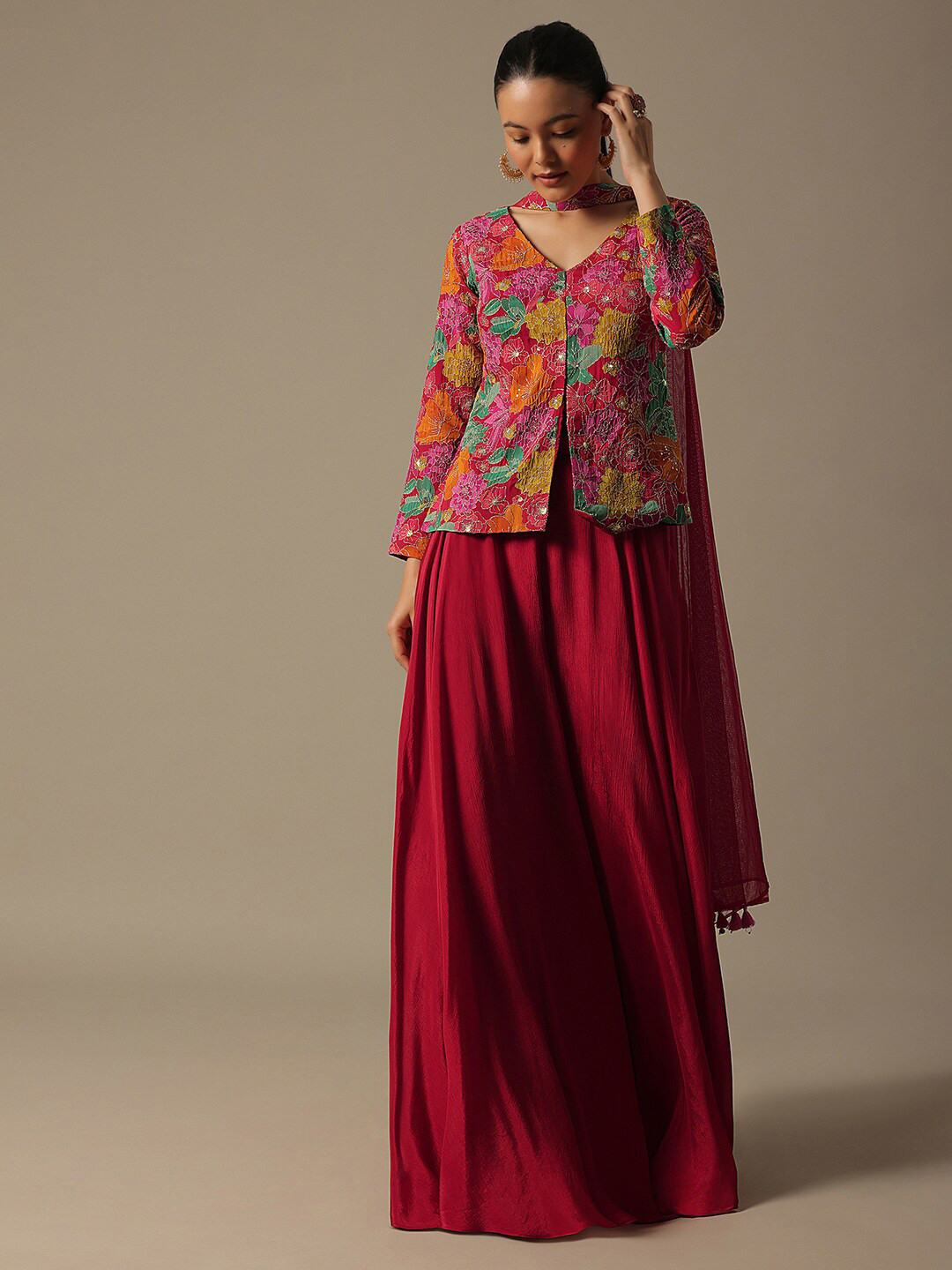 

KALKI Fashion Floral Printed V-Neck Thread Work Pathani Kurti With Palazzo & Dupatta, Red
