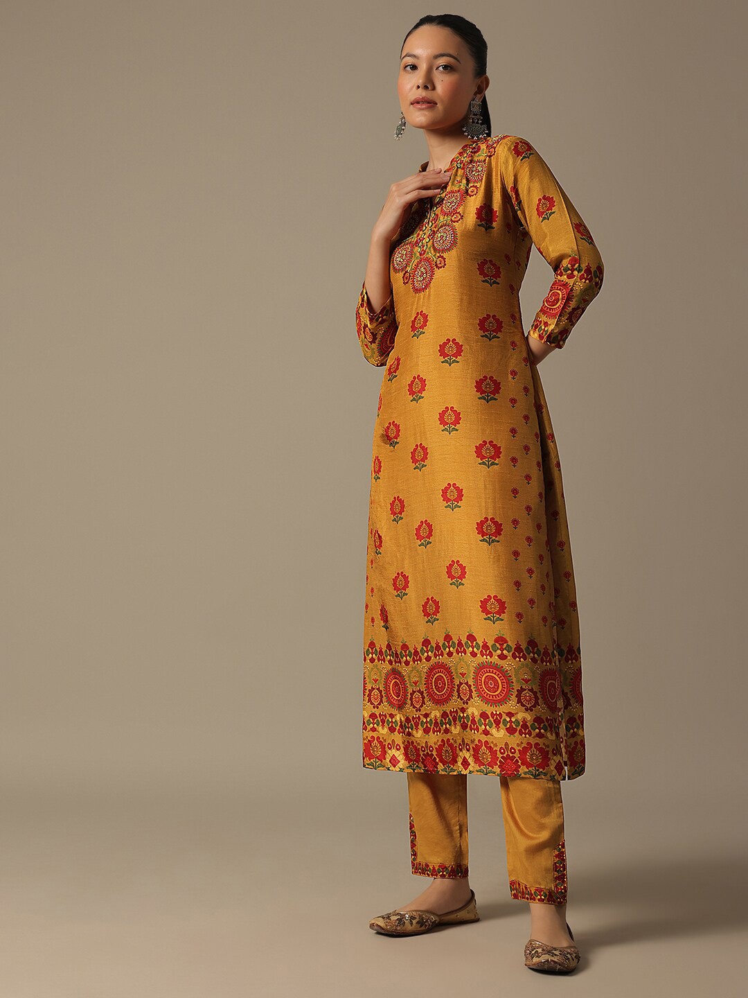 

KALKI Fashion Floral Embroidered Cotton Regular Kurta with Trousers, Yellow