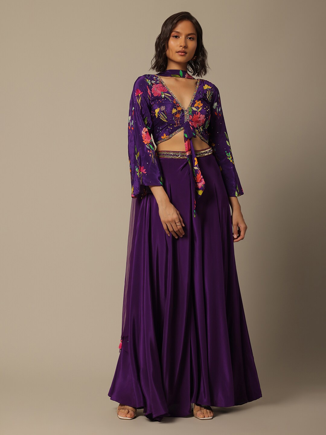

KALKI Fashion Floral Embroidered V-Neck Top Palazzos With Dupatta Co-Ords, Purple