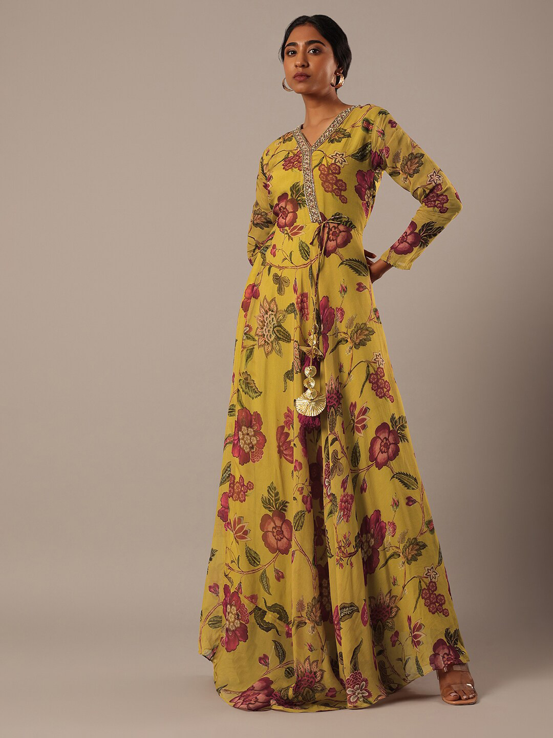

KALKI Fashion Floral Printed V-Neck Maxi Dress, Yellow