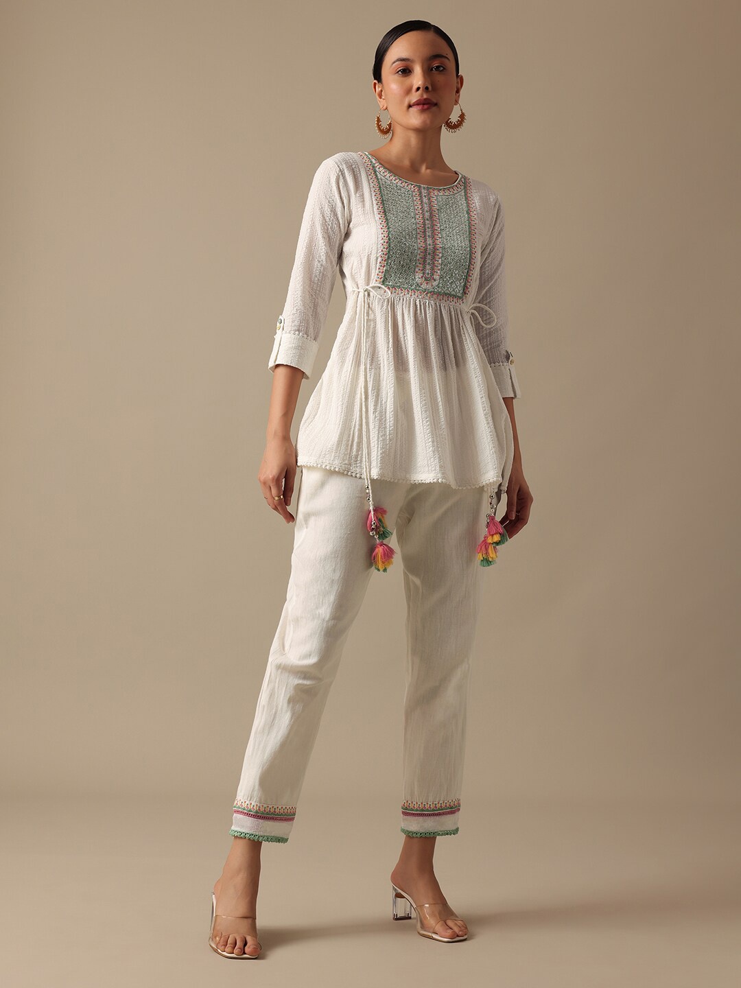 

KALKI Fashion Embroidered Regular Kurti with Trousers, White