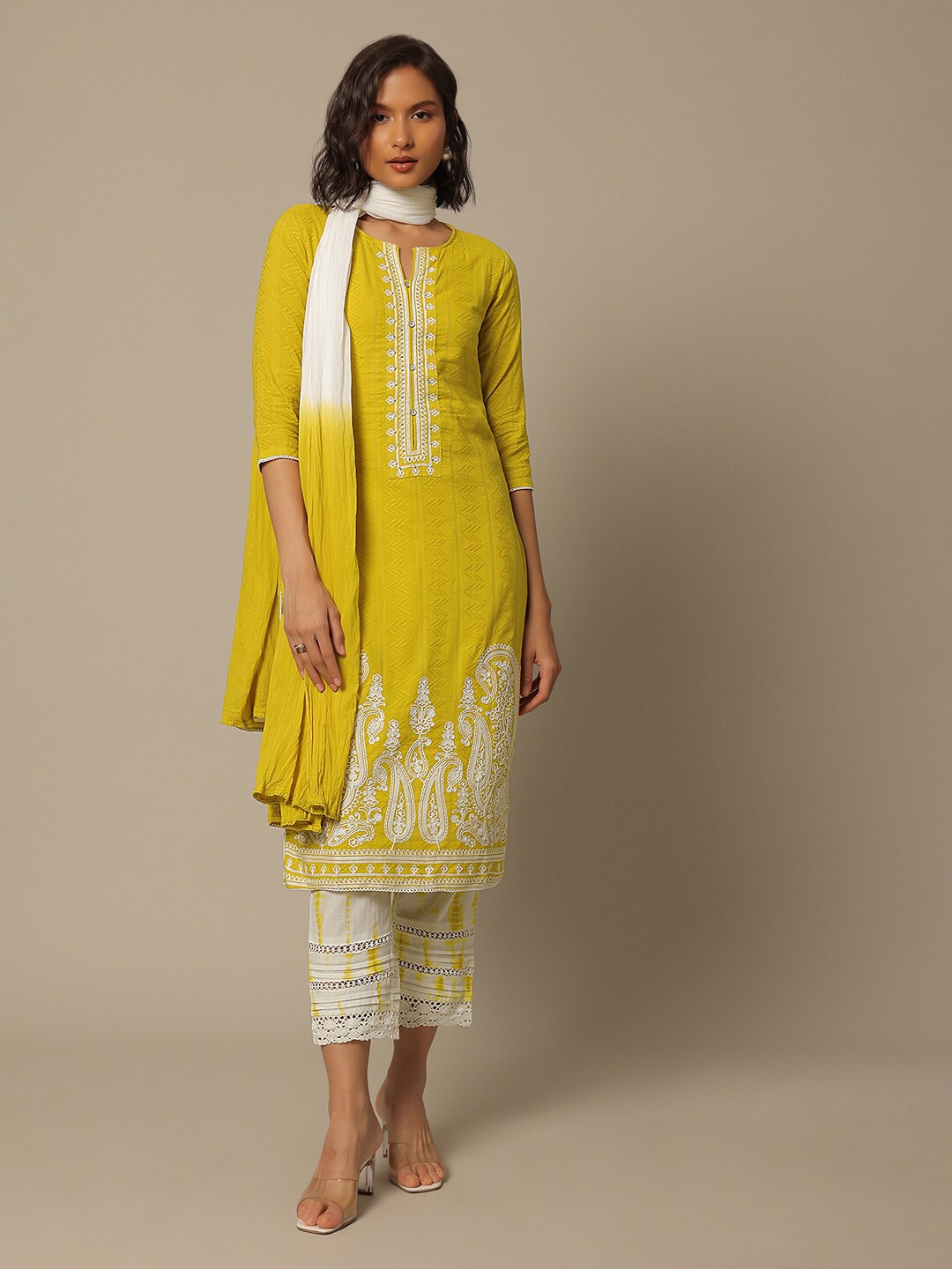 

KALKI Fashion Paisley Embroidered Regular Thread Work Kurta with Trousers & Dupatta, Yellow
