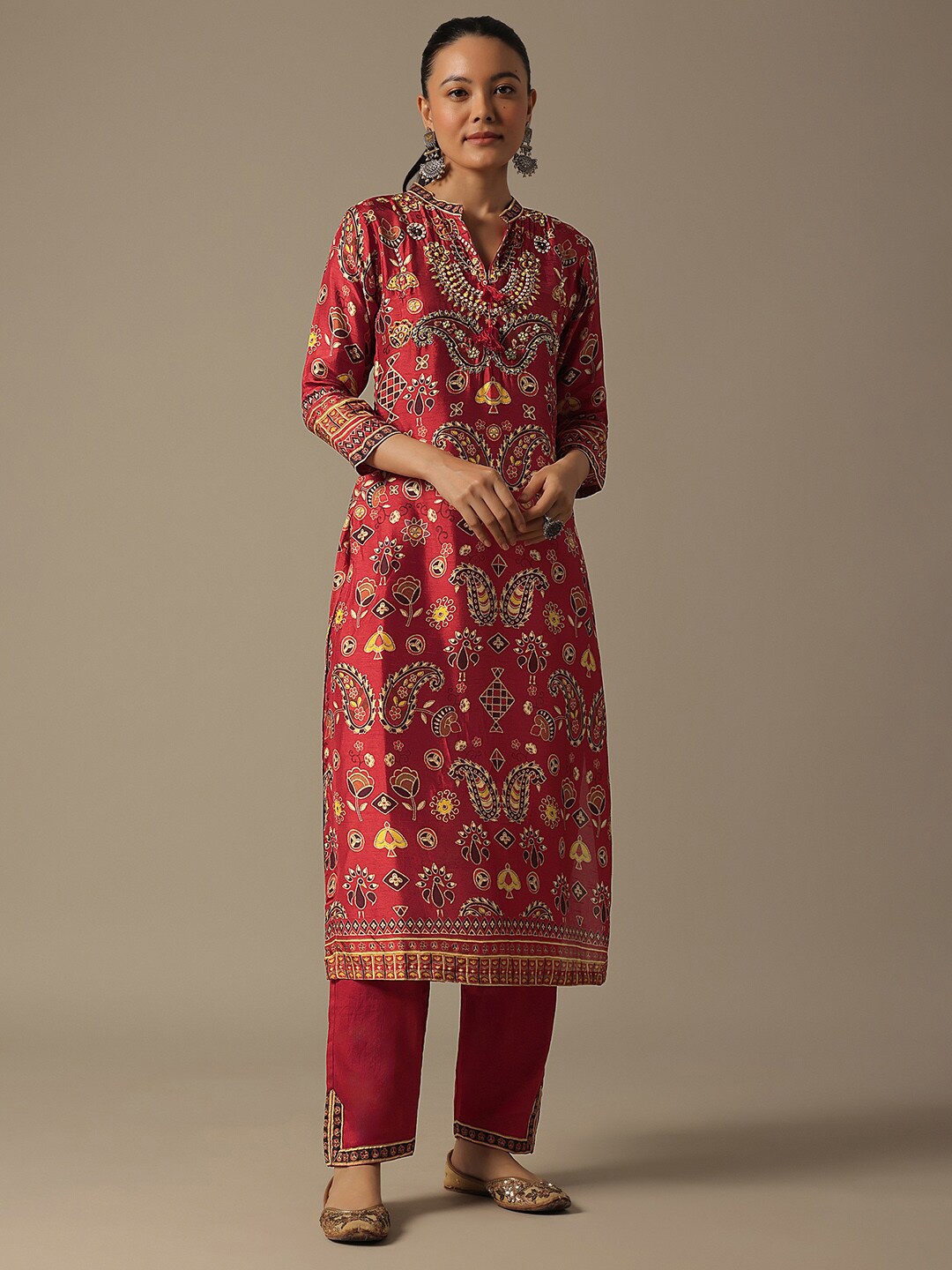 

KALKI Fashion Paisley Embroidered Regular Thread Work Kurta with Trousers, Red