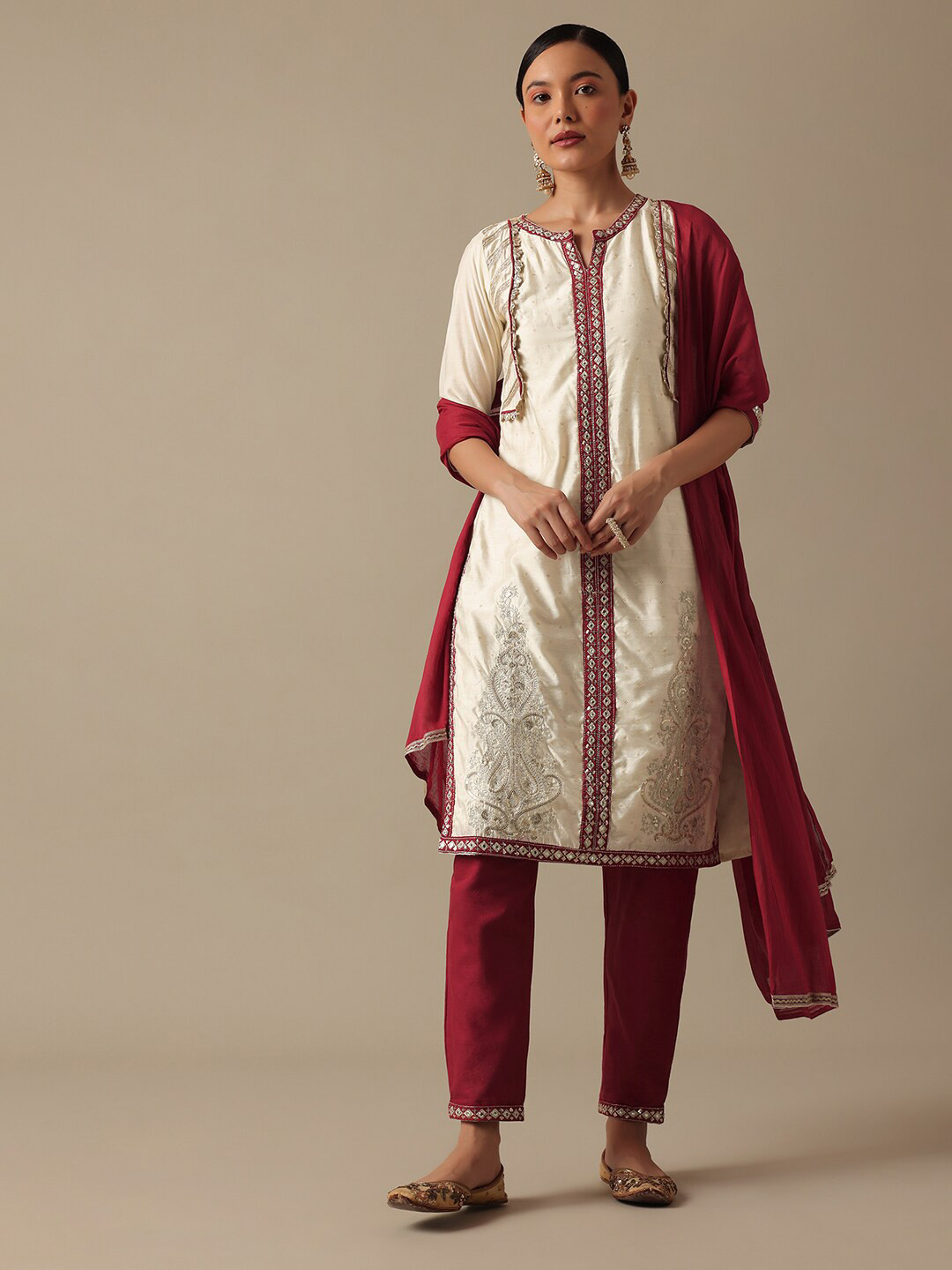 

KALKI Fashion Ethnic Motifs Mirror Work Notch Neck Straight Kurta With Trousers & Dupatta, White