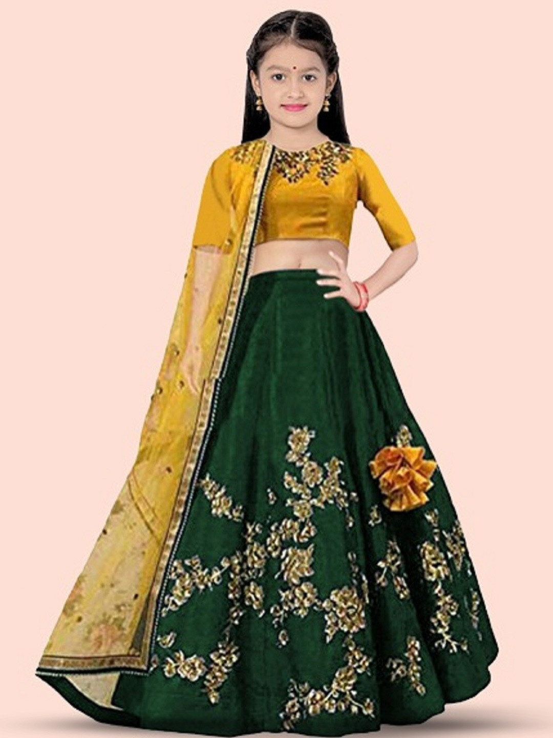 

BAESD Girls Embroidered Thread Work Semi-Stitched Lehenga & Unstitched Blouse With Dupatta, Green