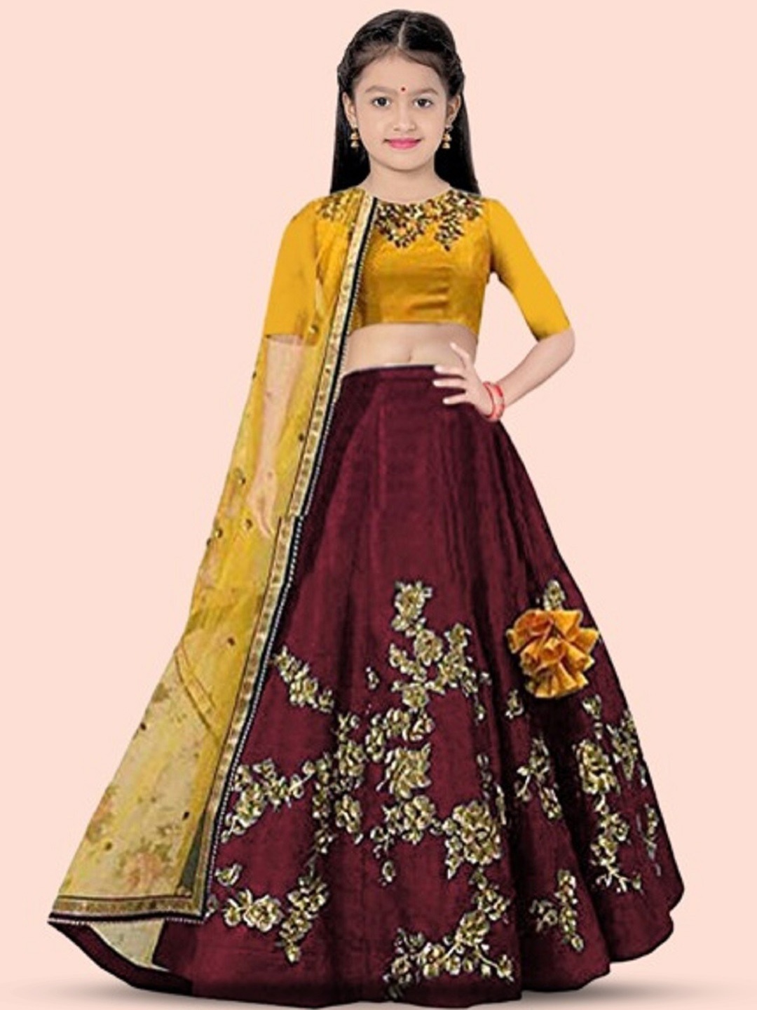 

BAESD Girls Embroidered Thread Work Semi-Stitched Lehenga & Unstitched Blouse With Dupatta, Maroon