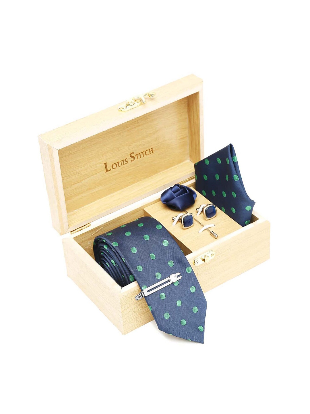 

LOUIS STITCH Printed Italian Silk Necktie Accessory Gift Set, Blue