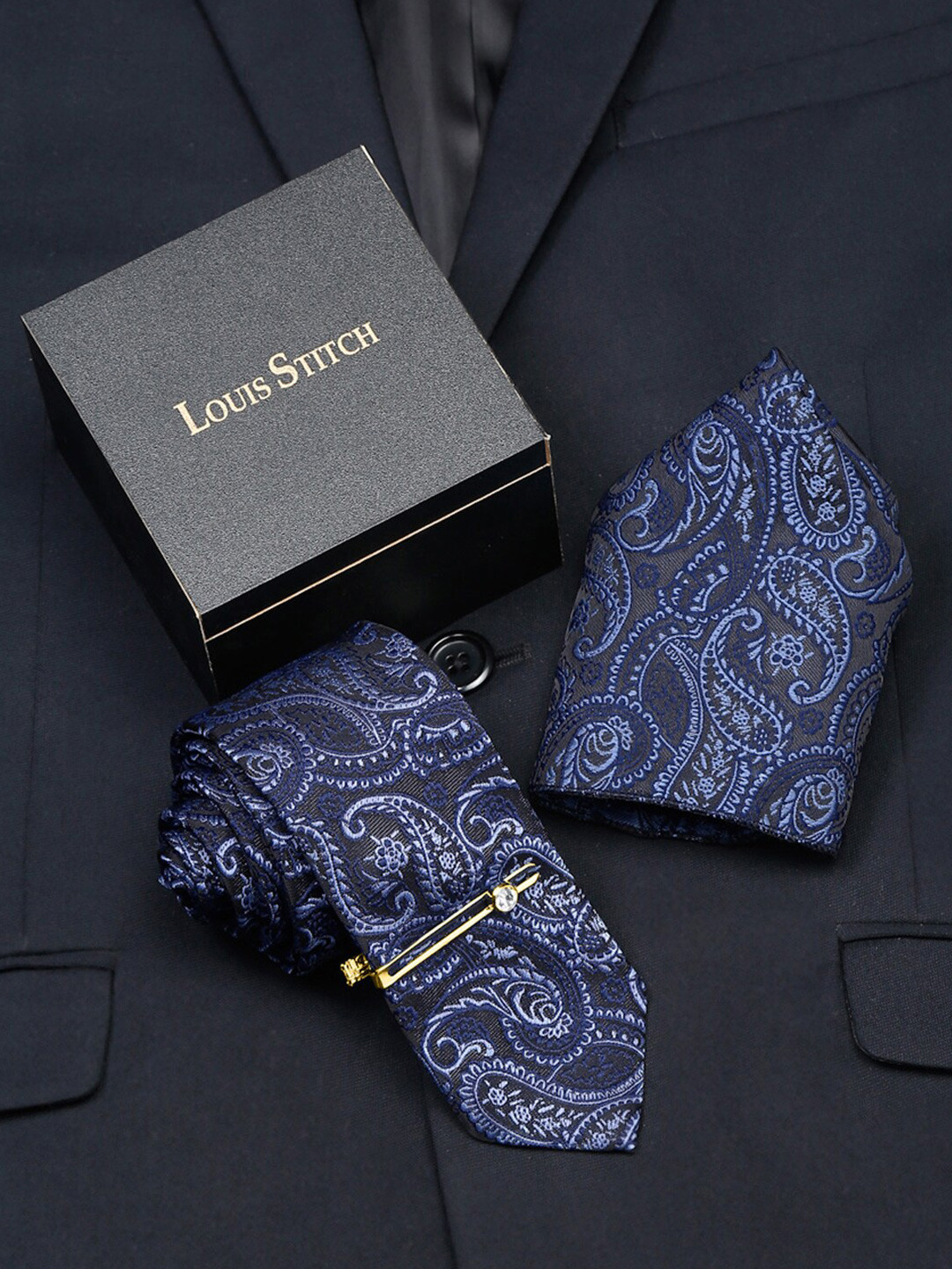 

LOUIS STITCH Men Italian Silk Woven Design Necktie Accessory Gift Set, Blue