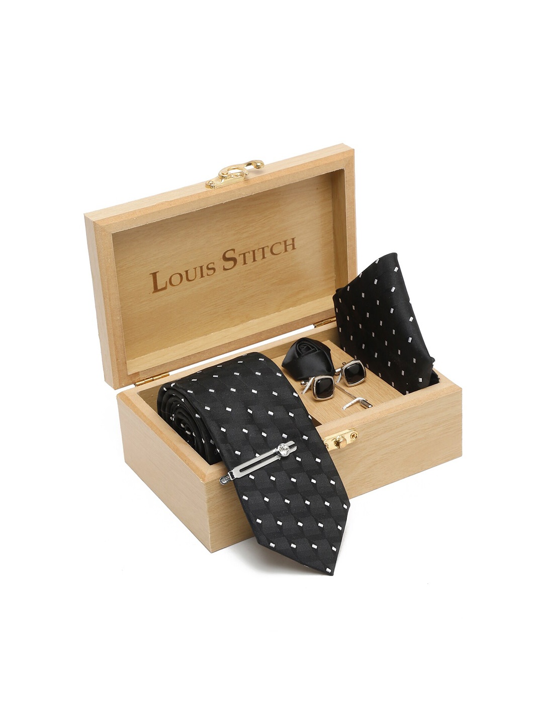 

LOUIS STITCH Woven Designed Italian Silk Necktie Accessory Gift Set, Black