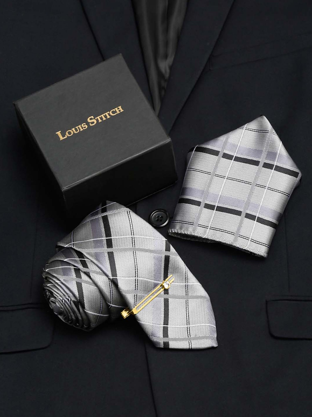 

LOUIS STITCH Men Checked Silk Necktie Accessory Gift Set, Grey