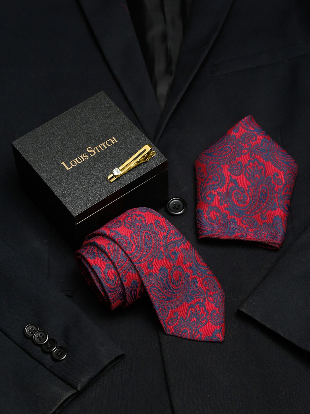 

LOUIS STITCH Men Italian Silk Necktie Accessory Gift Set, Red