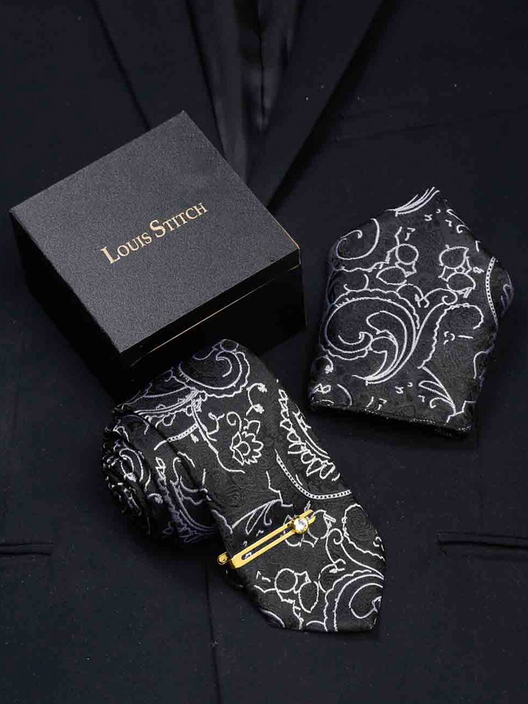 

LOUIS STITCH Men Silk Necktie Accessory Gift Set, Black