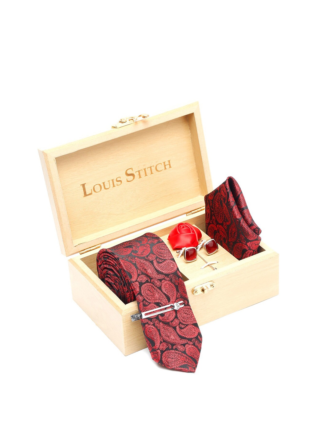 

LOUIS STITCH Men Italian Silk Necktie Accessory Gift Set, Red