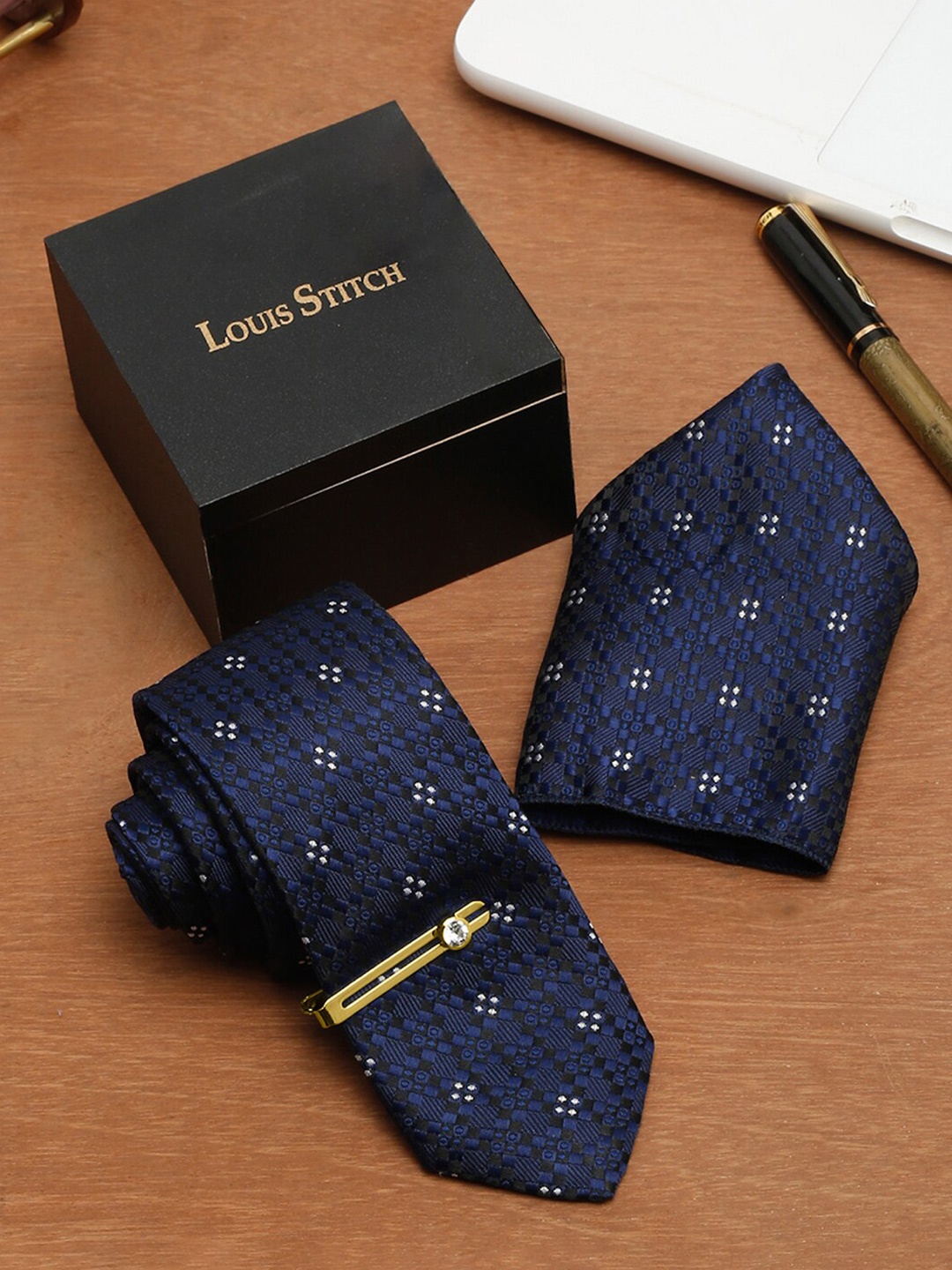 

LOUIS STITCH Woven Designed Italian Silk Necktie Accessory Gift Set, Black