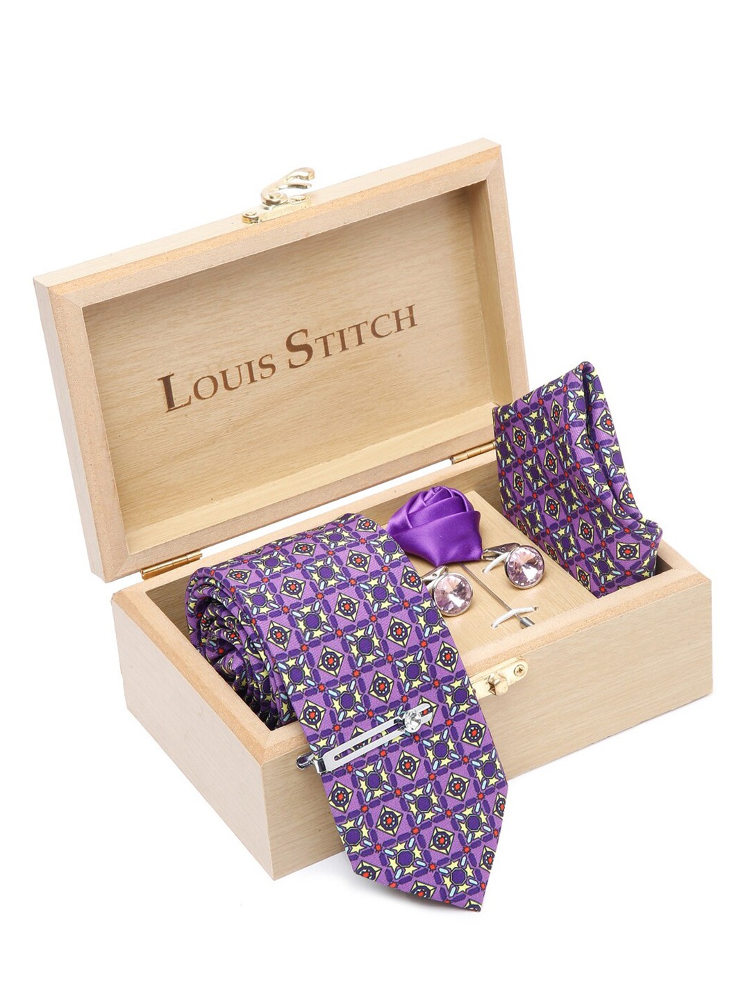 

LOUIS STITCH Men Necktie Silk Accessory Gift Set, Purple