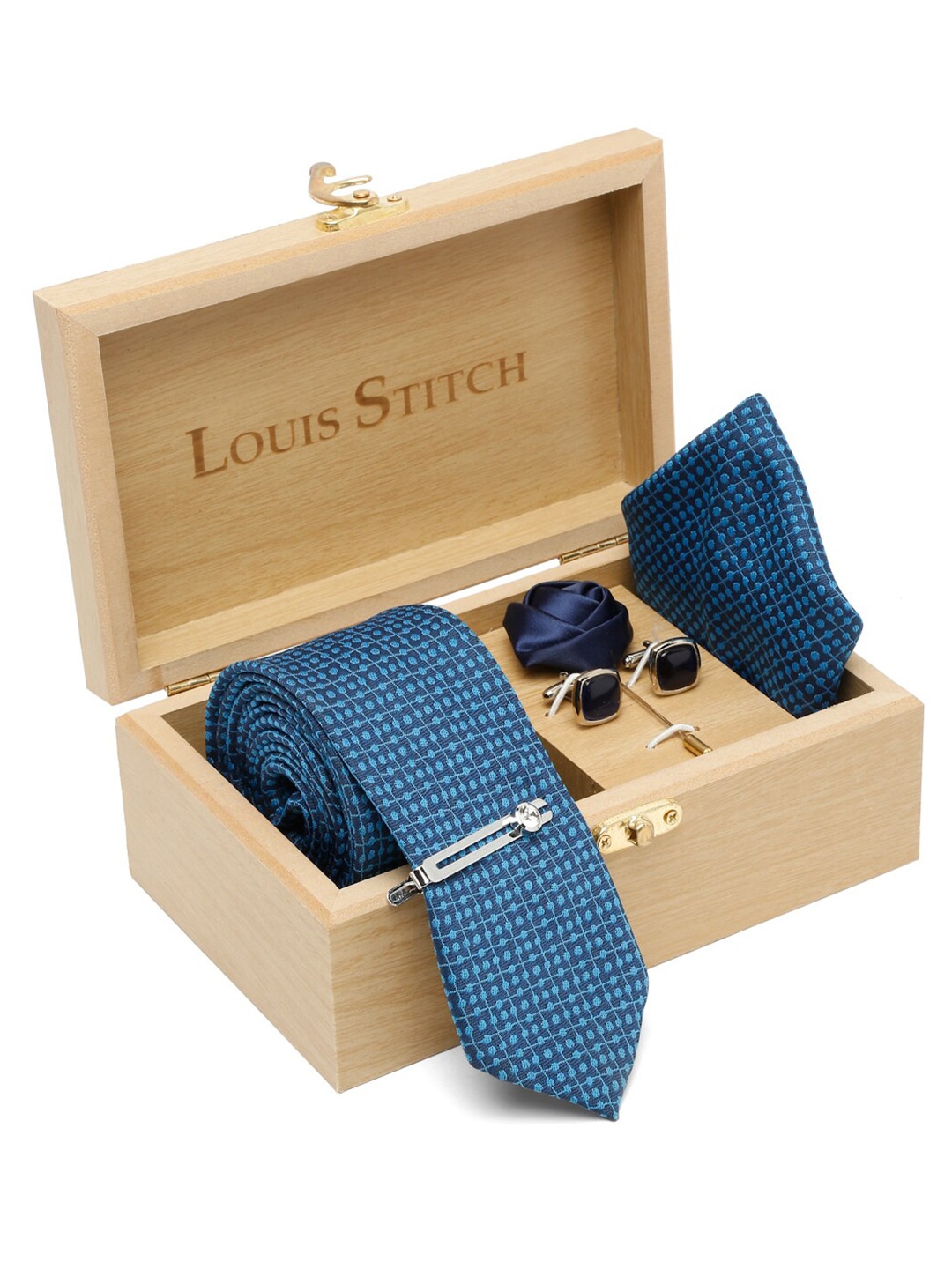 

LOUIS STITCH Men Printed Silk Necktie Accessory Gift Set, Blue