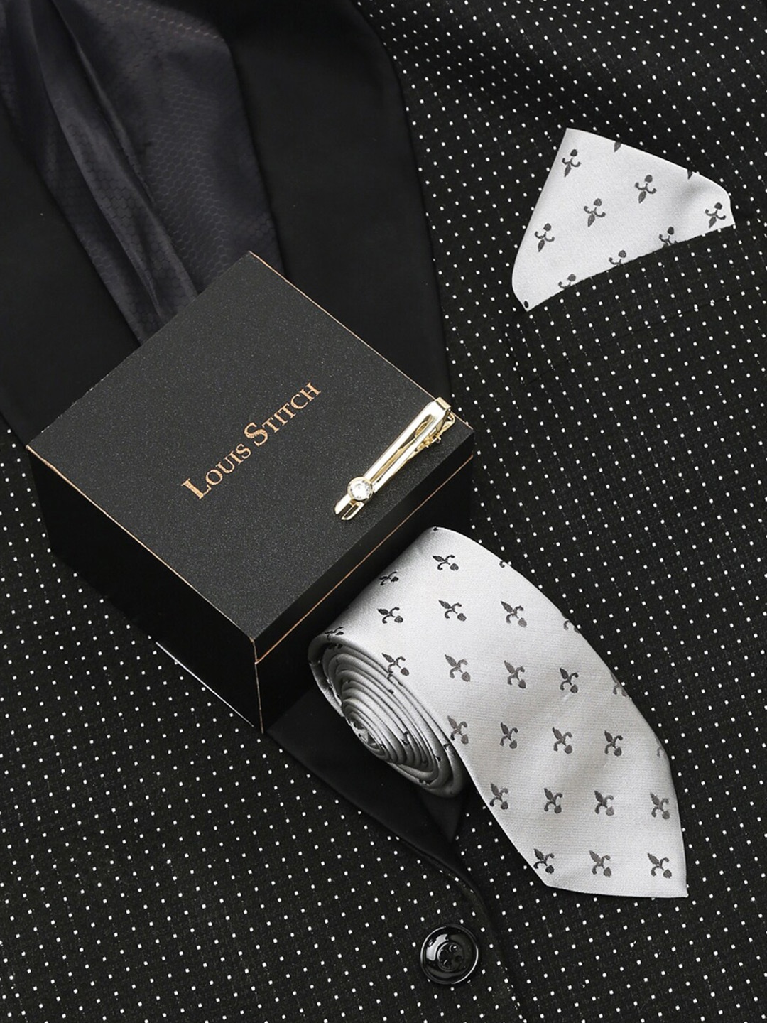 

LOUIS STITCH Men Italian Silk Necktie Accessory Gift Set, Grey