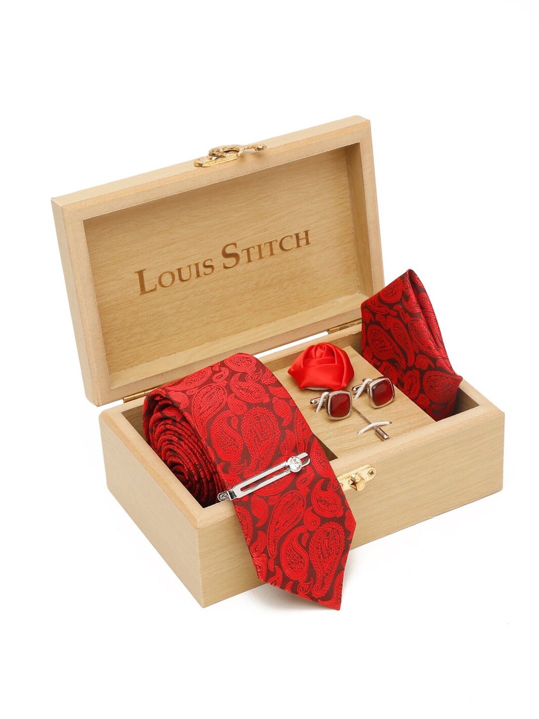 

LOUIS STITCH Men Italian Silk Necktie Accessory Gift Set, Red