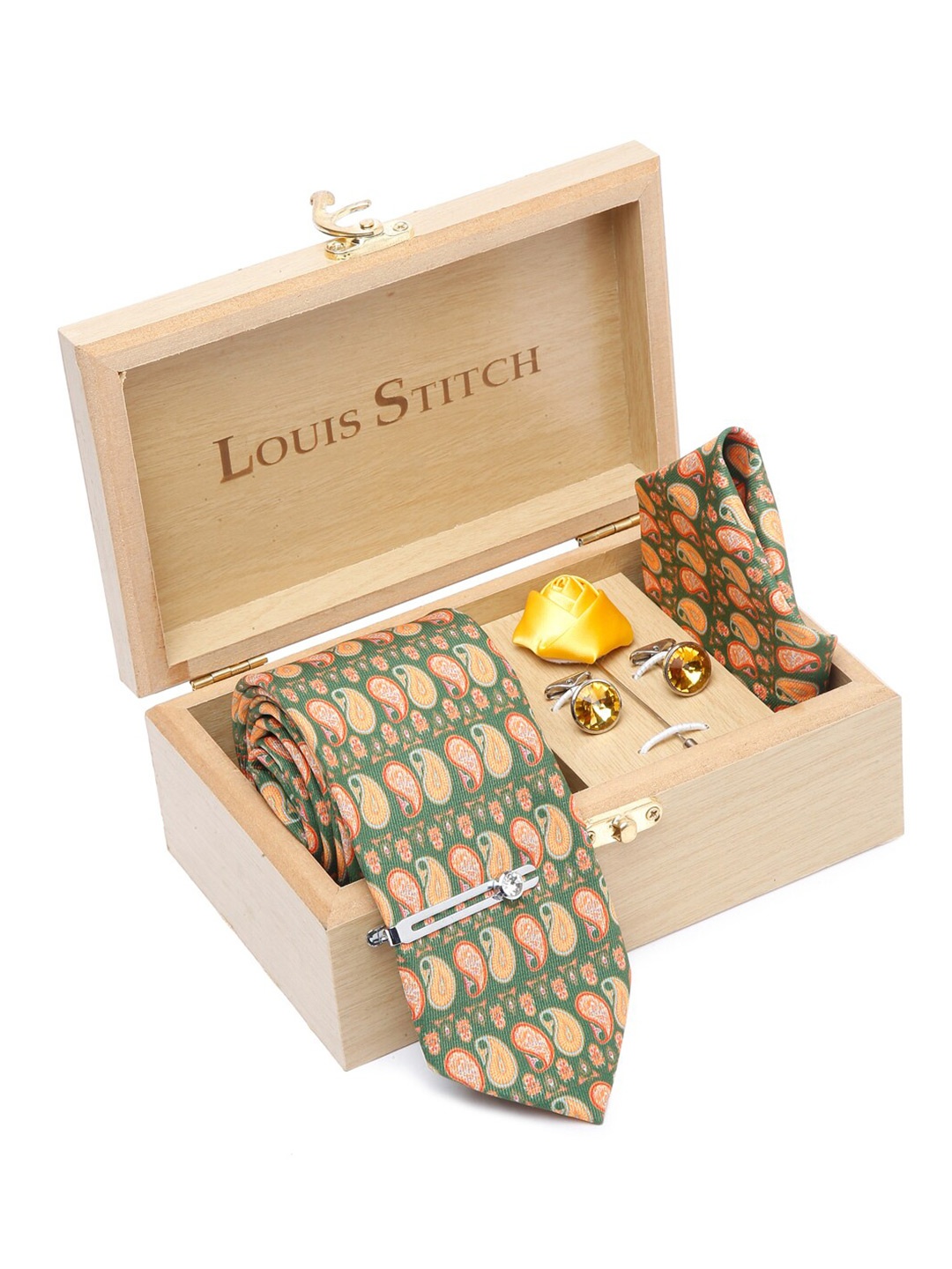 

LOUIS STITCH Men Italian Silk Necktie Accessory Gift Set, Green