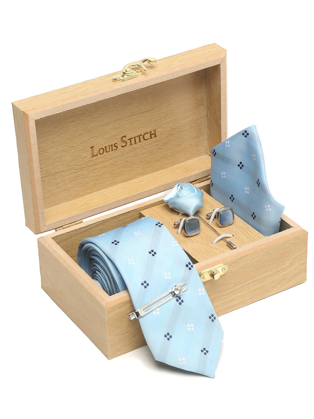 

LOUIS STITCH Men Printed Silk Necktie Accessory Gift Set, Blue