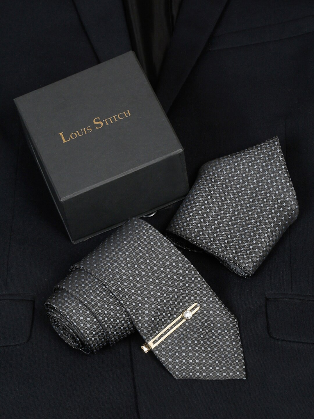 

LOUIS STITCH Men Italian Silk Necktie Accessory Gift Set, Grey