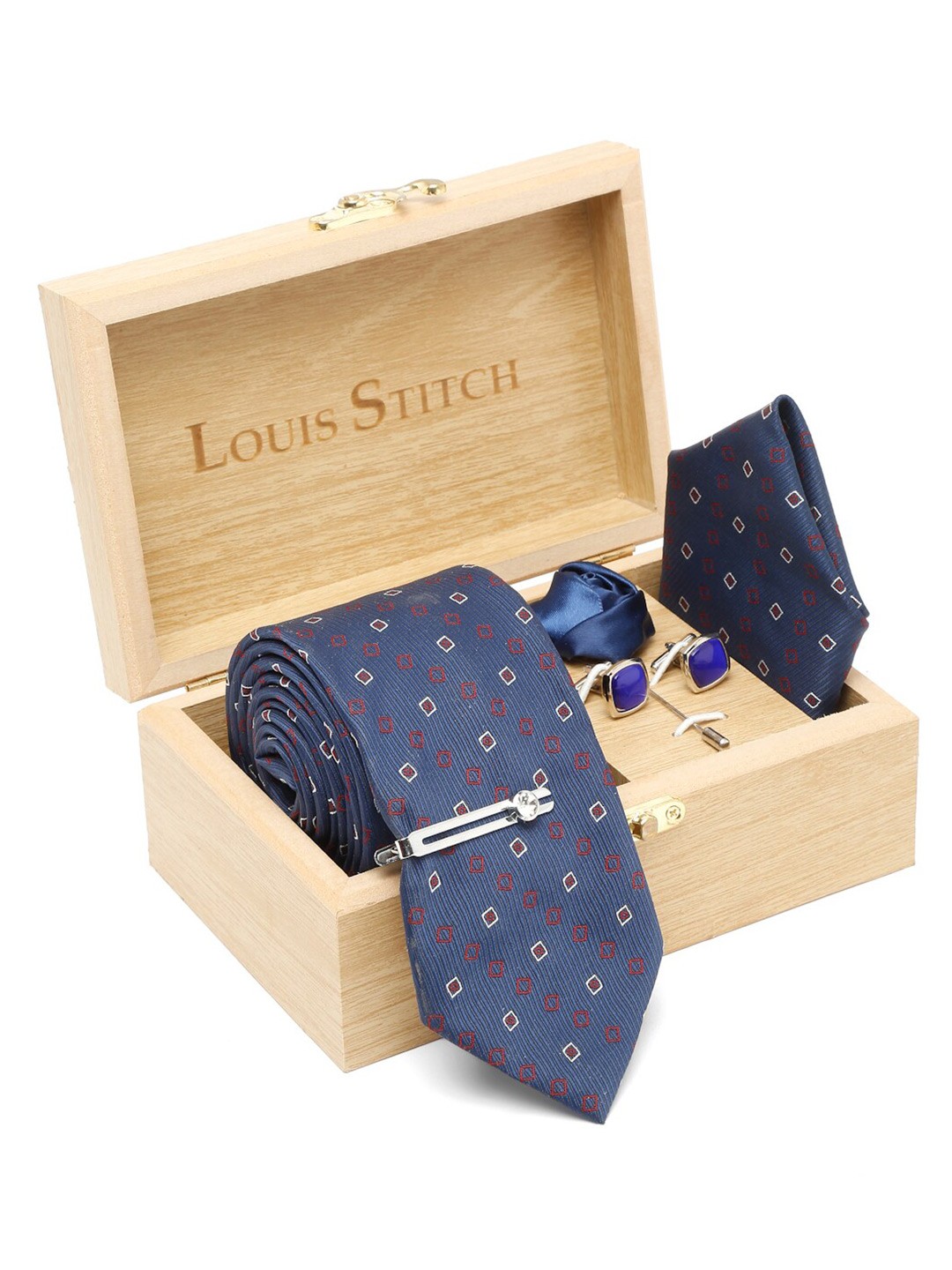 

LOUIS STITCH Men Italian Silk Necktie Accessory Gift Set, Blue