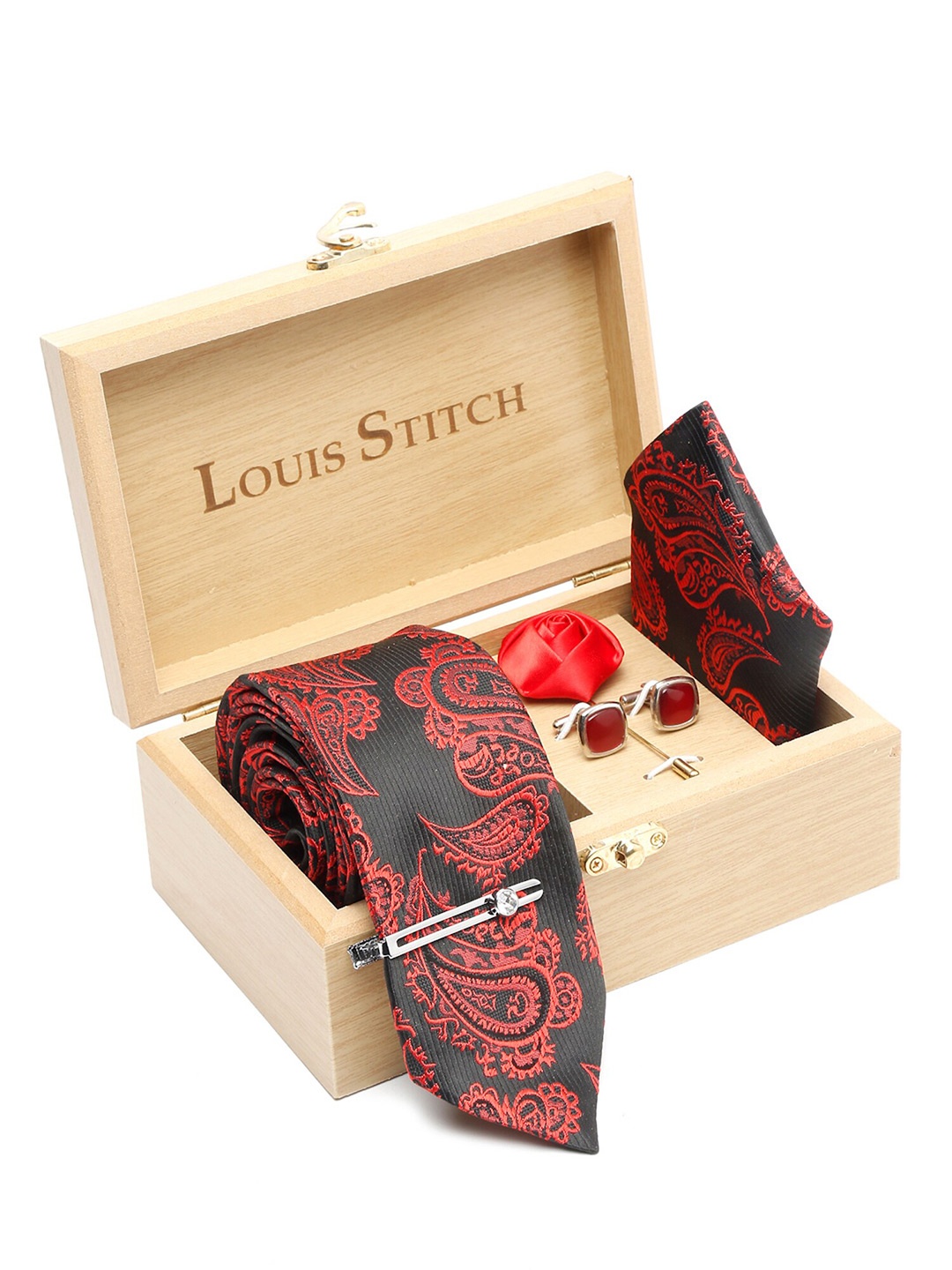 

LOUIS STITCH Men Silk Necktie Accessory Gift Set, Red