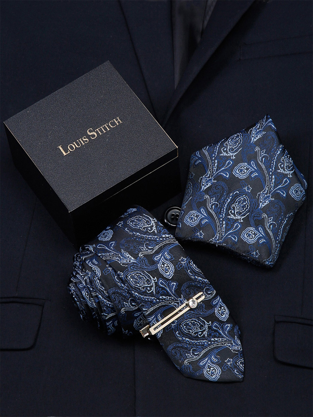 

LOUIS STITCH Men Silk Necktie Accessory Gift Set, Blue