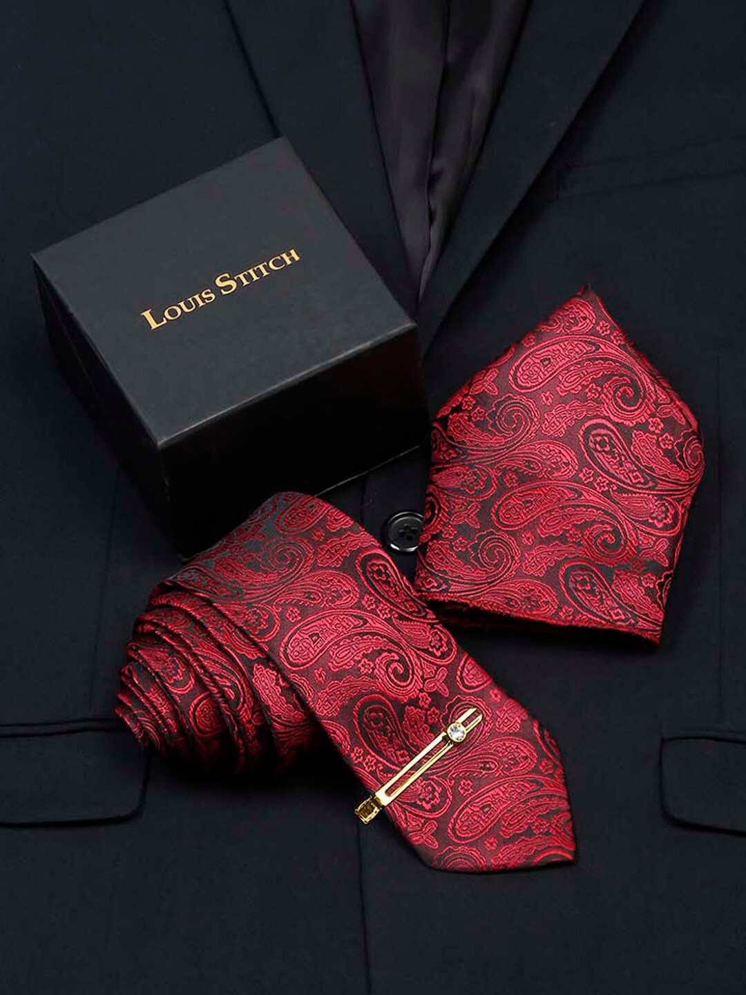 

LOUIS STITCH Men Italian Silk Necktie Accessory Gift Set, Red