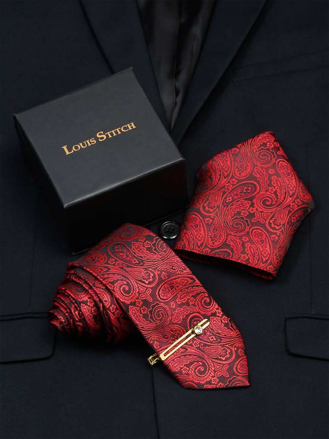 

LOUIS STITCH Men Italian Silk Necktie Accessory Gift Set, Red