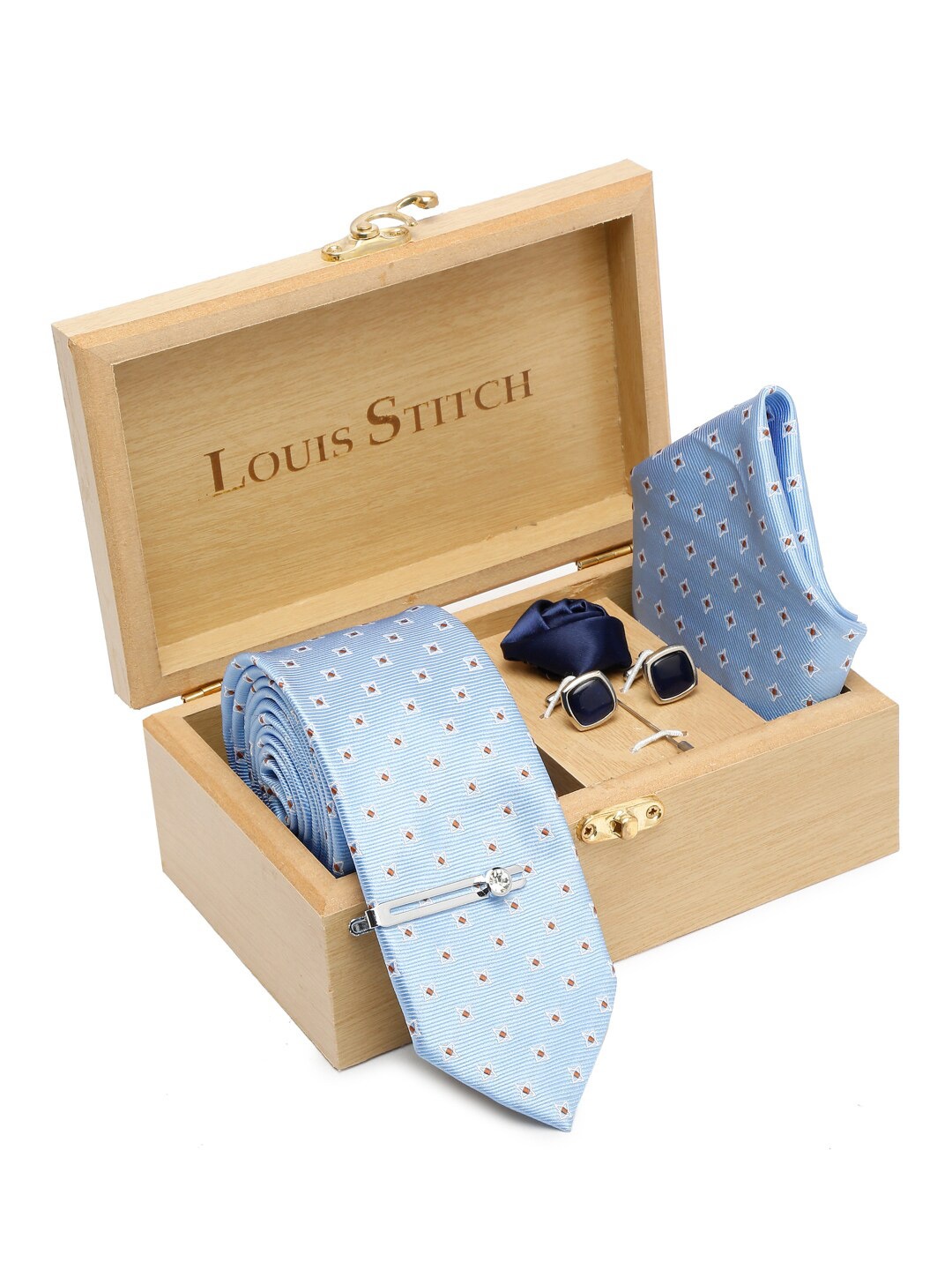 

LOUIS STITCH Men Italian Silk Necktie Accessory Gift Set, Blue