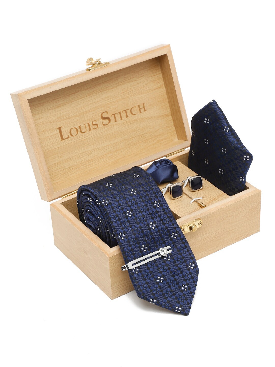 

LOUIS STITCH Men Printed Silk Necktie Accessory Gift Set, Navy blue