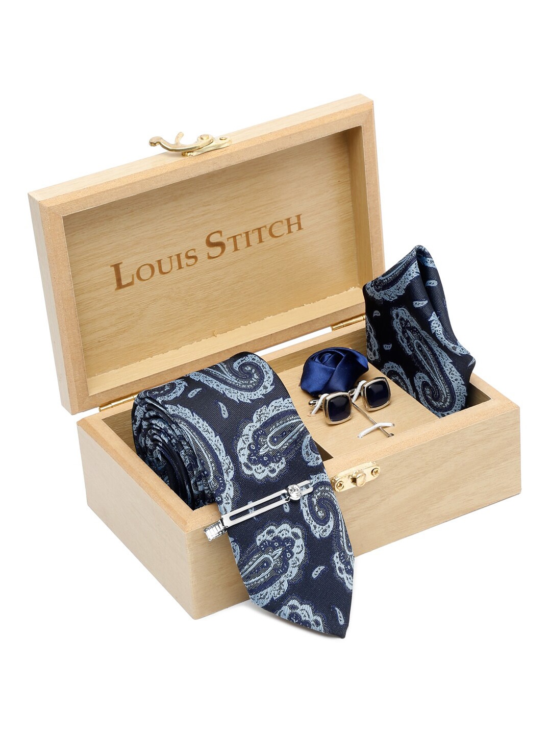 

LOUIS STITCH Italian Silk Necktie Accessory Gift Set, Blue