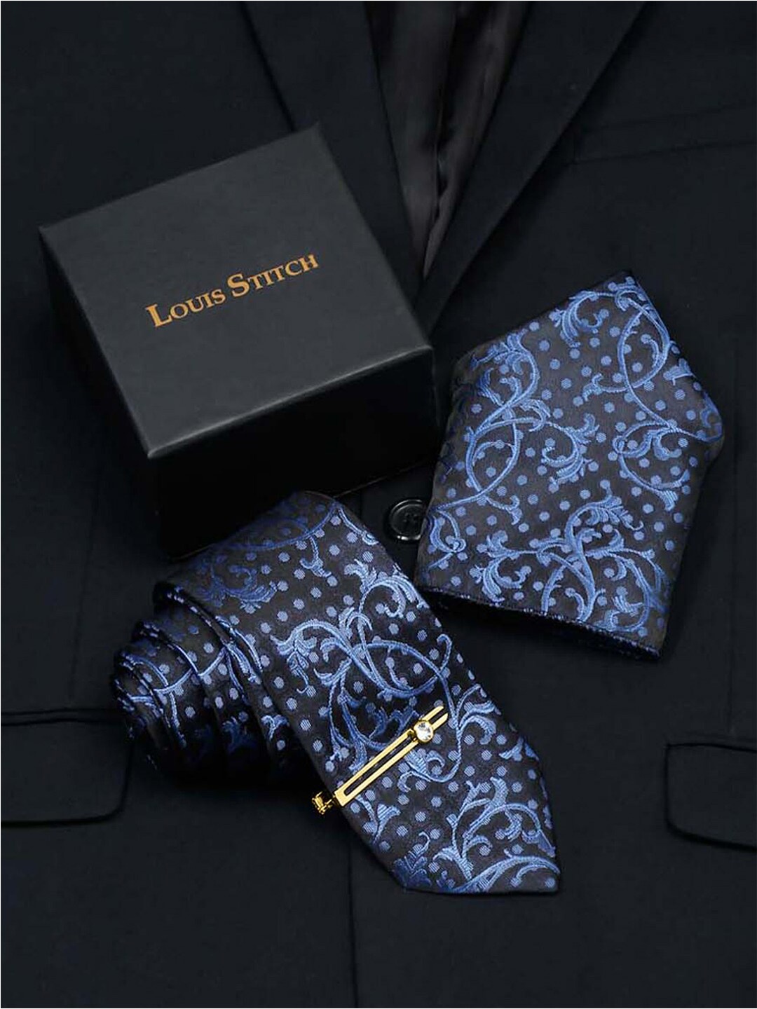 

LOUIS STITCH Men Silk Necktie Accessory Gift Set, Blue