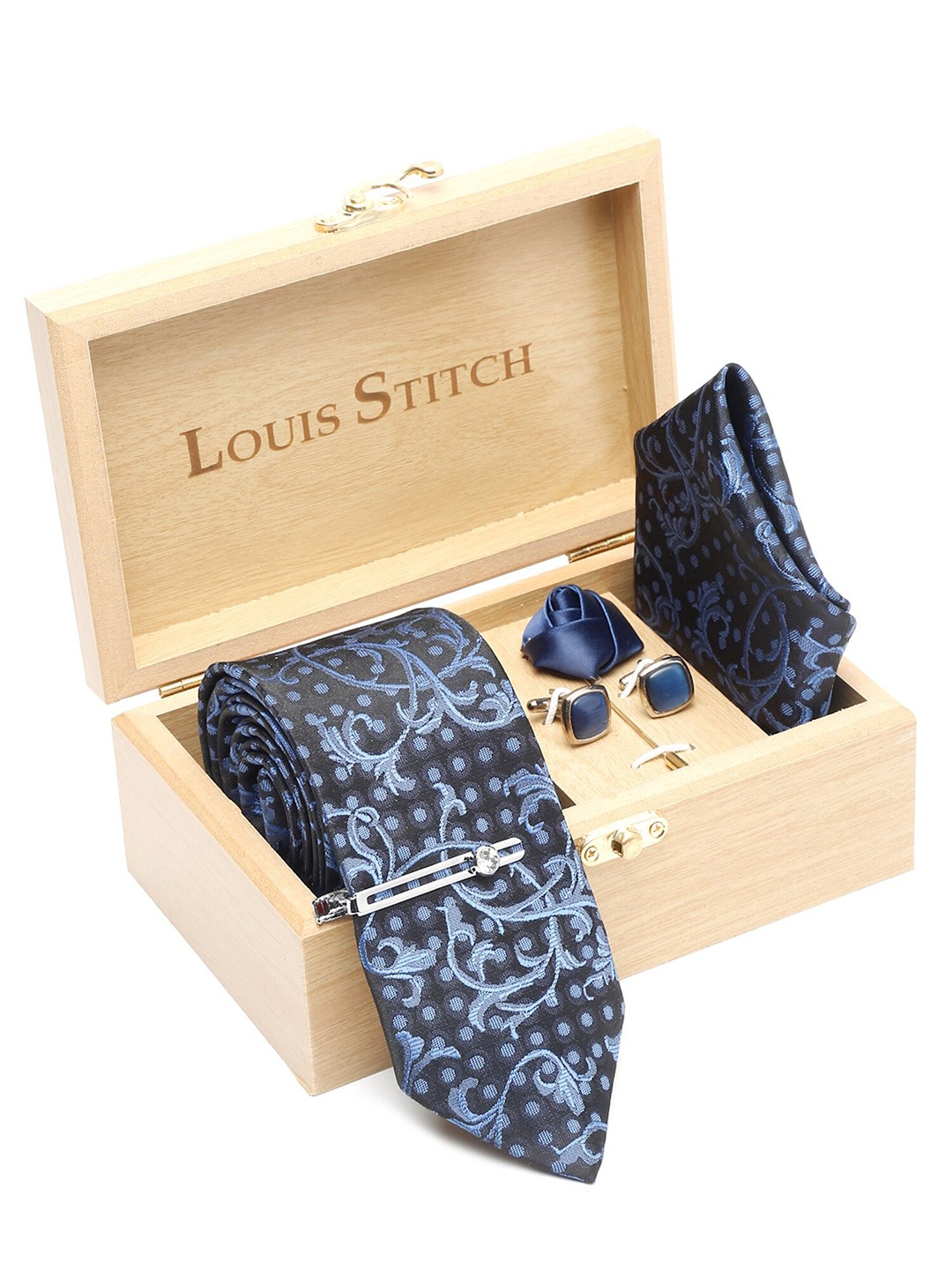 

LOUIS STITCH Men Silk Necktie Accessory Gift Set, Blue