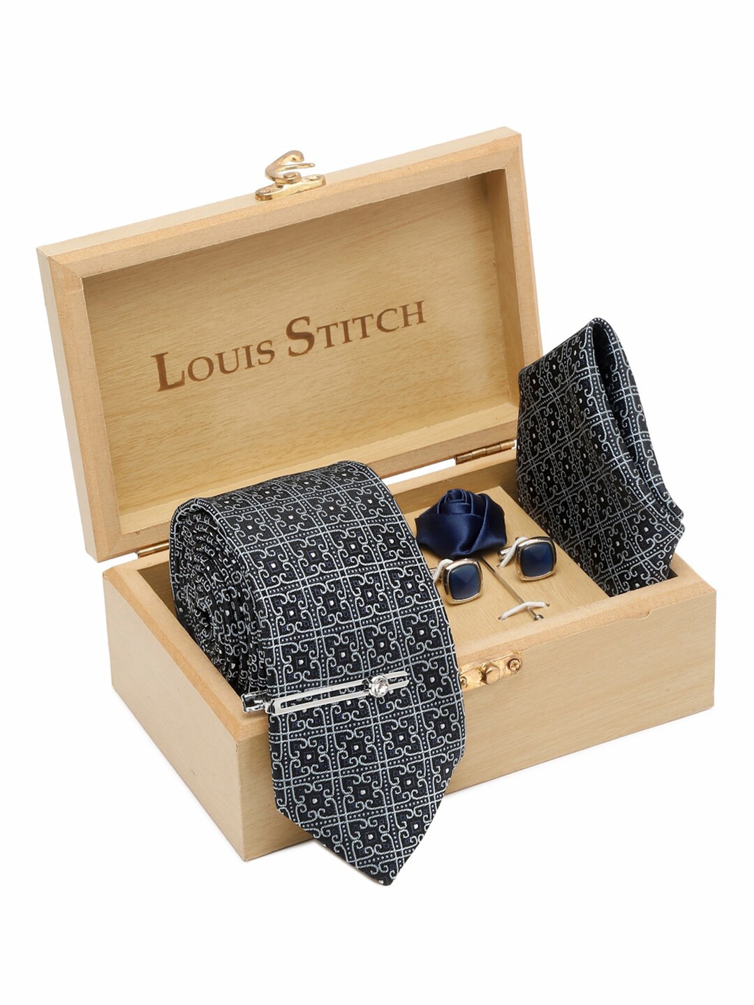 

LOUIS STITCH Men Printed Necktie Silk Accessory Gift Set, Blue