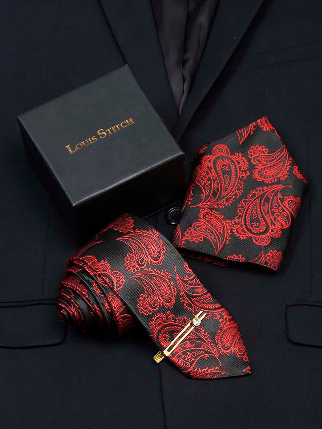 

LOUIS STITCH Men Paisley Woven Design Silk Necktie Accessory Gift Set, Red