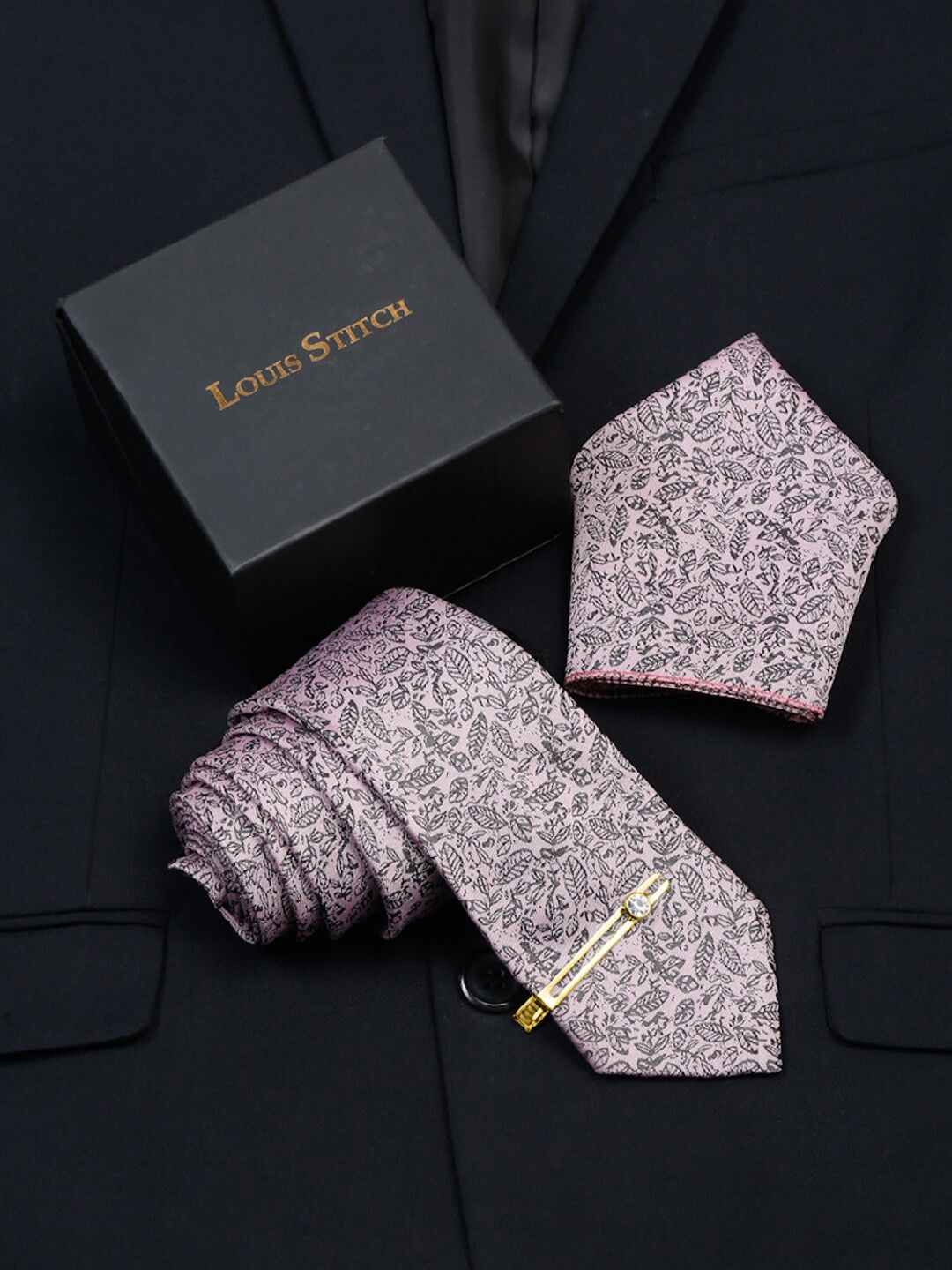 

LOUIS STITCH Men Floral Printed Necktie Accessory Gift Set, Pink