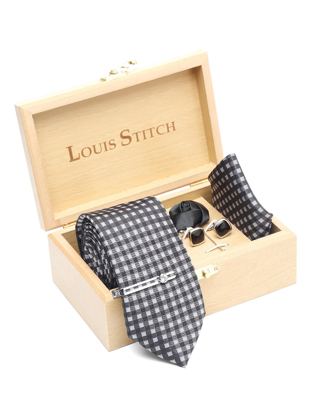 

LOUIS STITCH Men Italian Silk Necktie Accessory Gift Set, Black