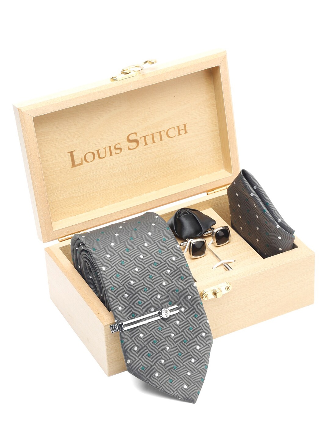

LOUIS STITCH Woven Design Italian Silk Necktie Accessory Gift Set, Grey